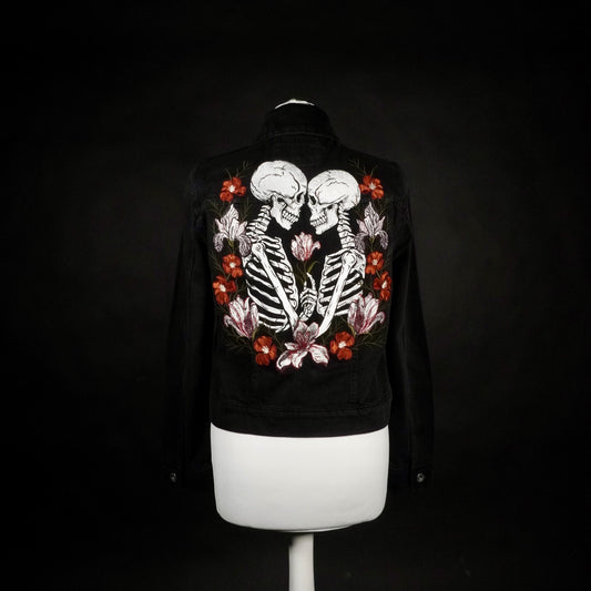 Skeleton Embroidered Bridal Jacket | Black Gothic Alternative Wedding Denim Jacket