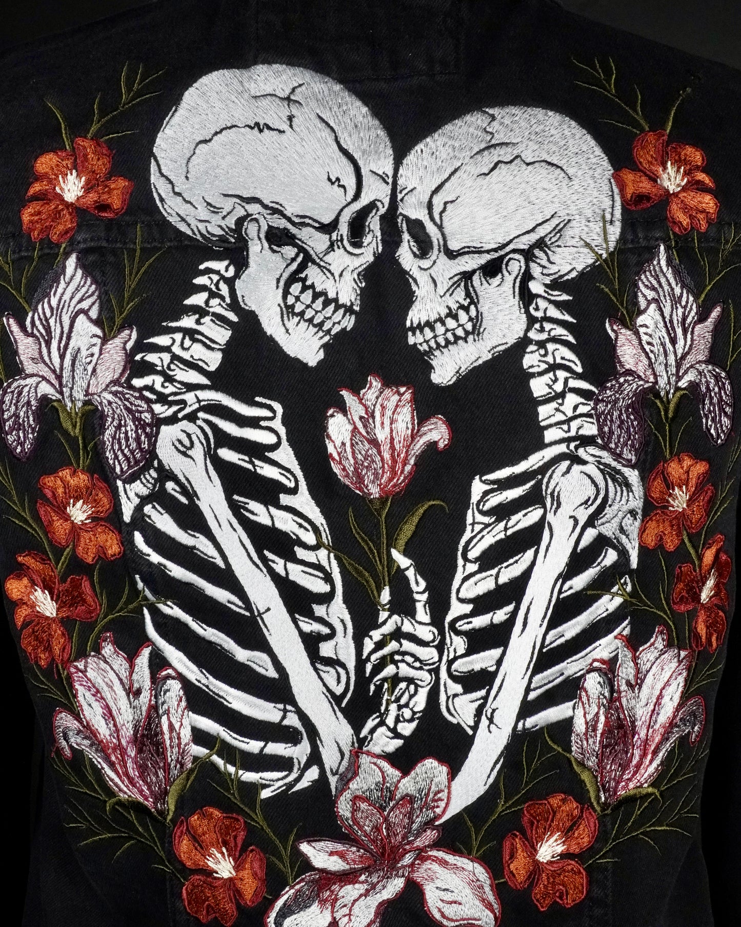 Skeleton Embroidered Bridal Jacket | Black Gothic Alternative Wedding Denim Jacket