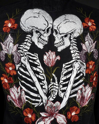 Custom Skeleton Embroidered Bridal Jacket - Black Gothic Alternative Wedding Denim Jacket