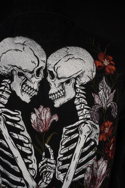 Custom Skeleton Embroidered Bridal Jacket - Black Gothic Alternative Wedding Denim Jacket