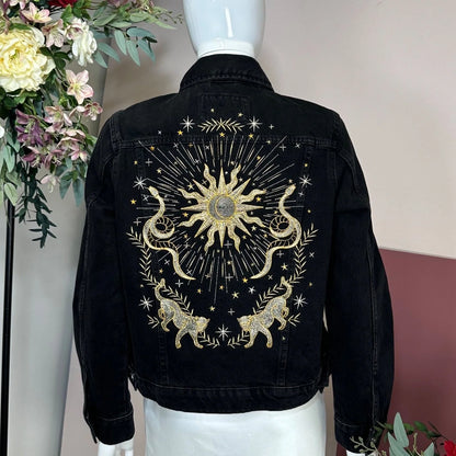 Embroidered Denim Jacket – Celestial Sun, Snake & Leopard Design