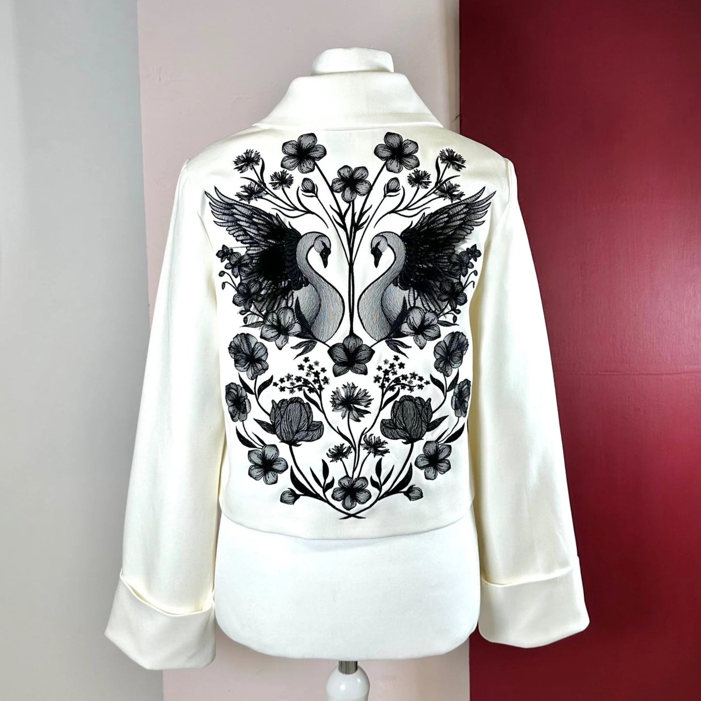 White Structured Trophy Jacket with Black Embroidery | Love & Romance Collection