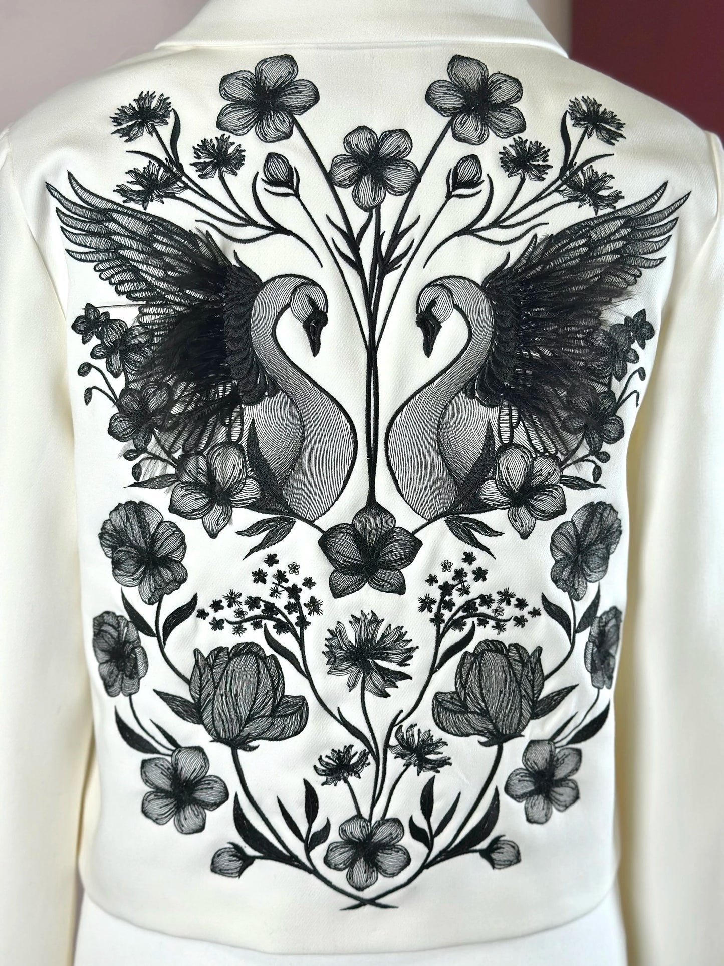 White Structured Trophy Jacket with Black Embroidery | Love & Romance Collection