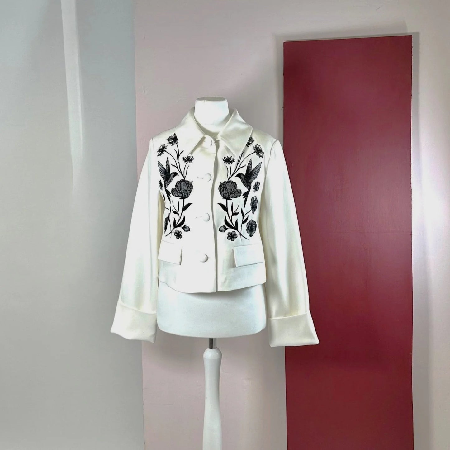 White Structured Trophy Jacket with Black Embroidery | Love & Romance Collection