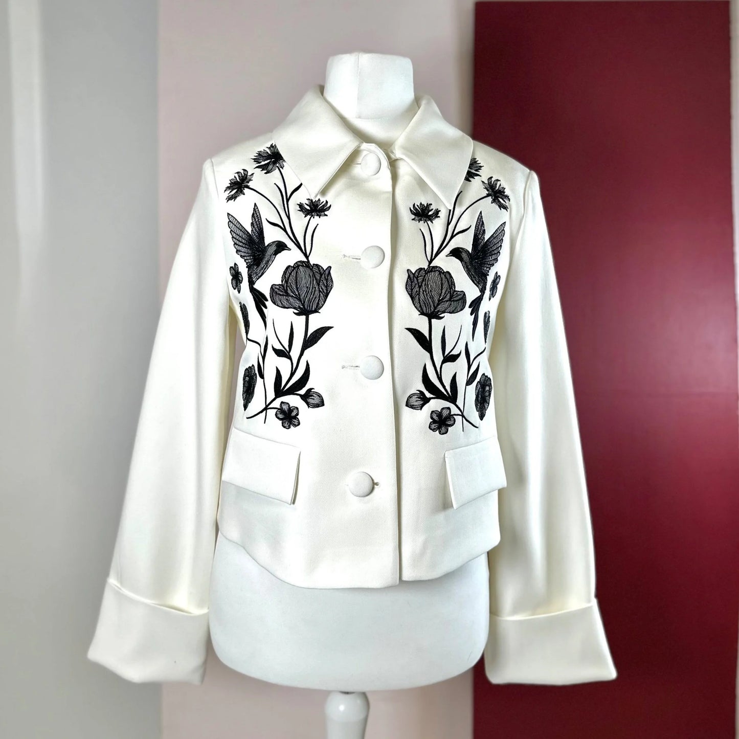 White Structured Trophy Jacket with Black Embroidery | Love & Romance Collection