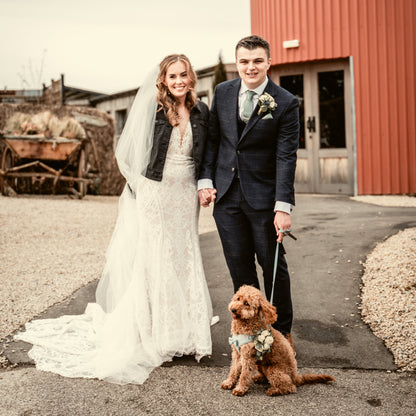 A bride in a white lace wedding gown and veil and a groom in a dark navy suit stand together on a farm path, holding hands and smiling. A small brown dog sits in front of them on a paved path, with a red barn and rustic farm equipment in the background.