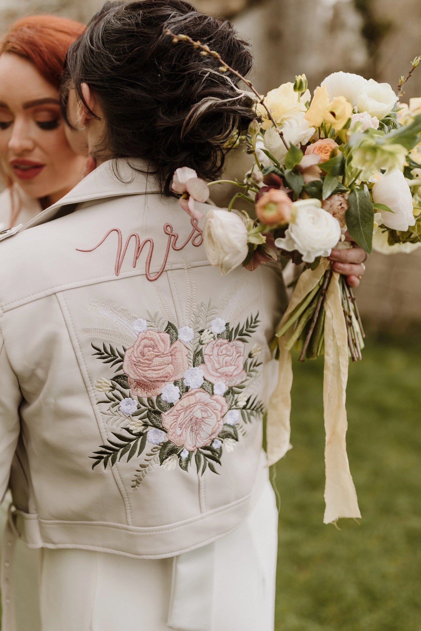 Floral Bouquet Embroidered Jacket Custom Name 'Mrs'