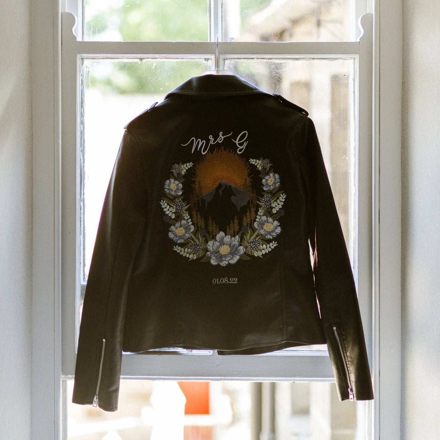 Customisable Mountain Floral Embroidered Faux Leather Jacket