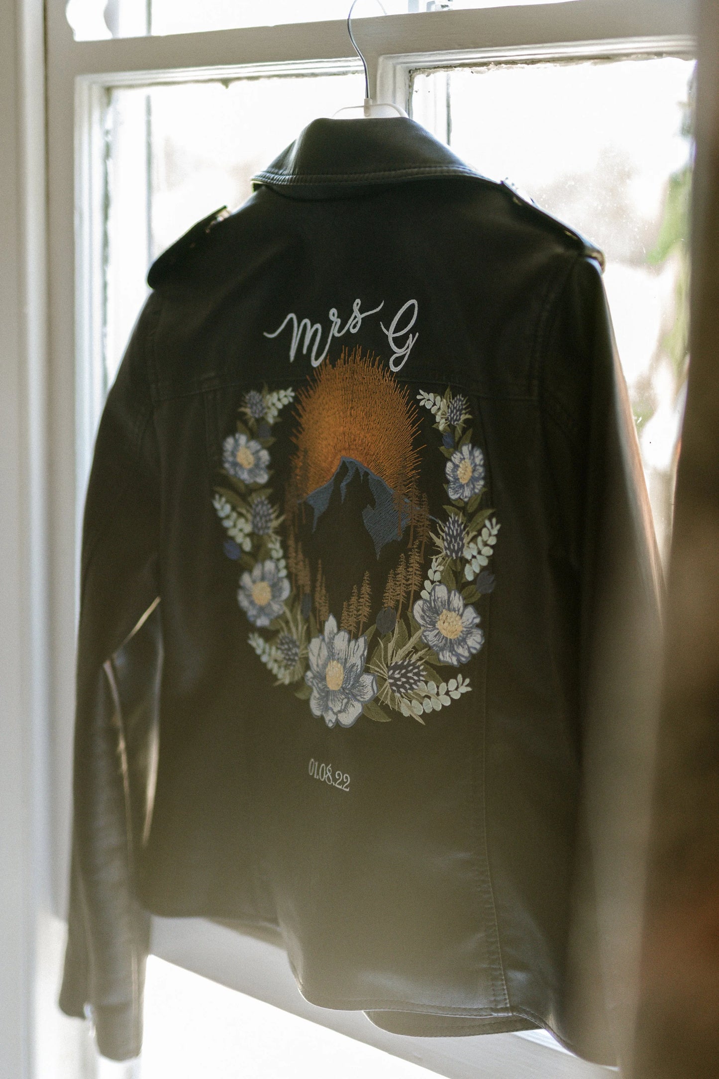 Customisable Mountain Floral Embroidered Faux Leather Jacket