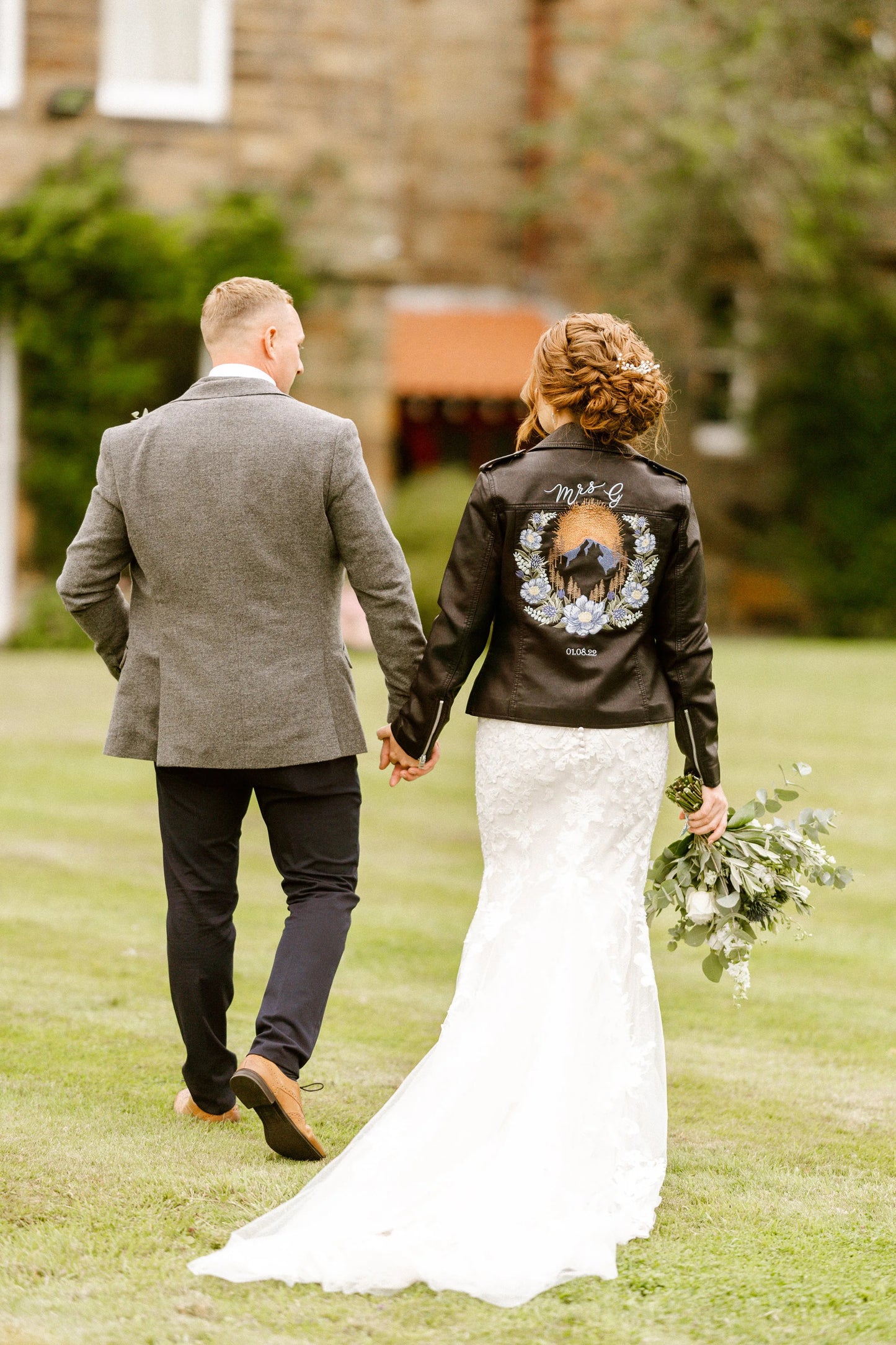 Customisable Mountain Floral Embroidered Faux Leather Jacket