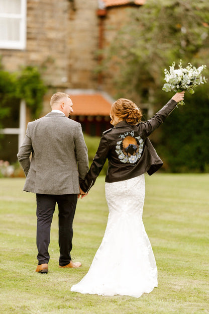 Customisable Mountain Floral Embroidered Faux Leather Jacket