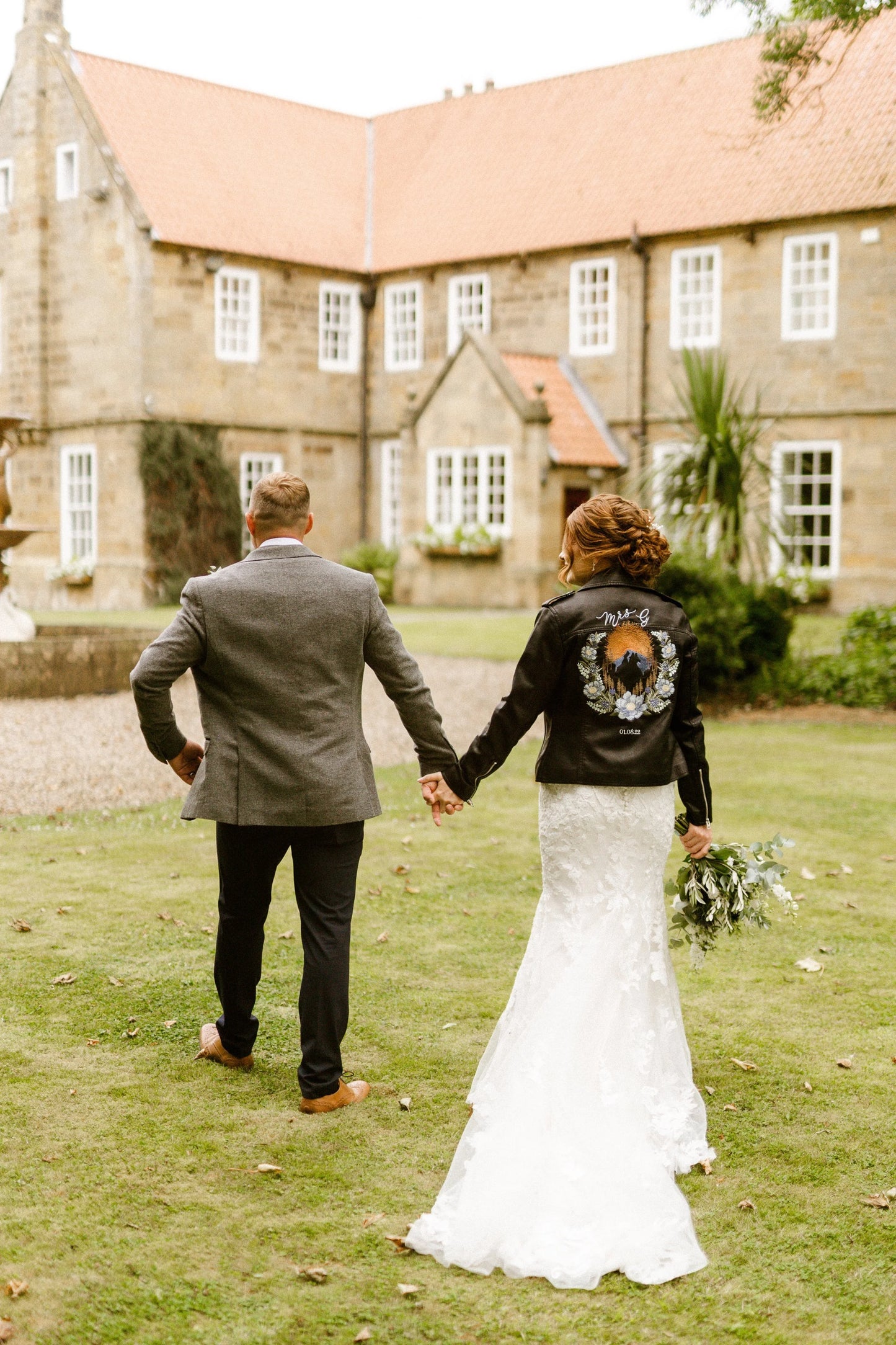 Customisable Mountain Floral Embroidered Faux Leather Jacket