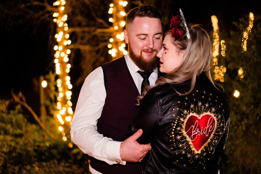 Custom Celestial Heart Bride Wedding Embroidered Faux Leather Denim Jacket - Personalised