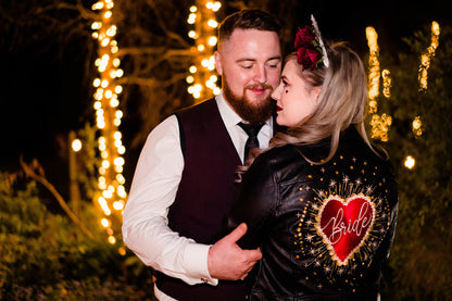 Custom Celestial Heart Bride Wedding Embroidered Faux Leather Denim Jacket - Personalised