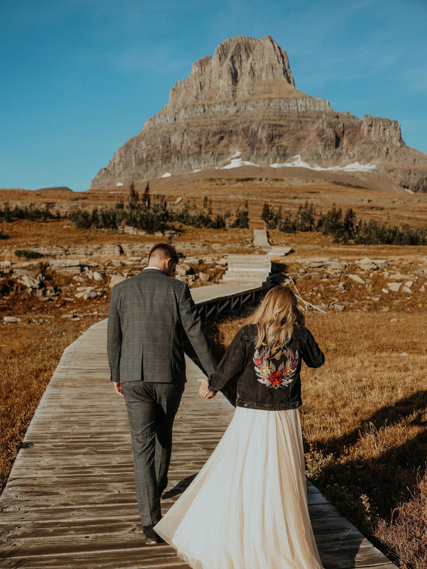 Embroidered Denim Jacket – Personalised Elopement Rose & Mountain Design