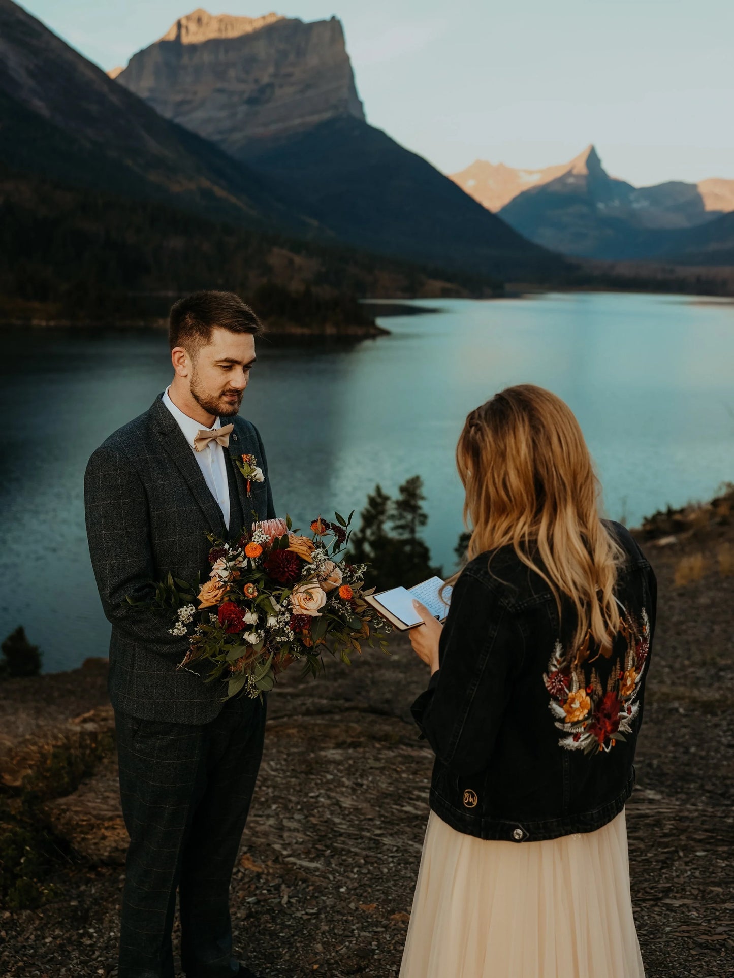 Embroidered Denim Jacket – Personalised Elopement Rose & Mountain Design