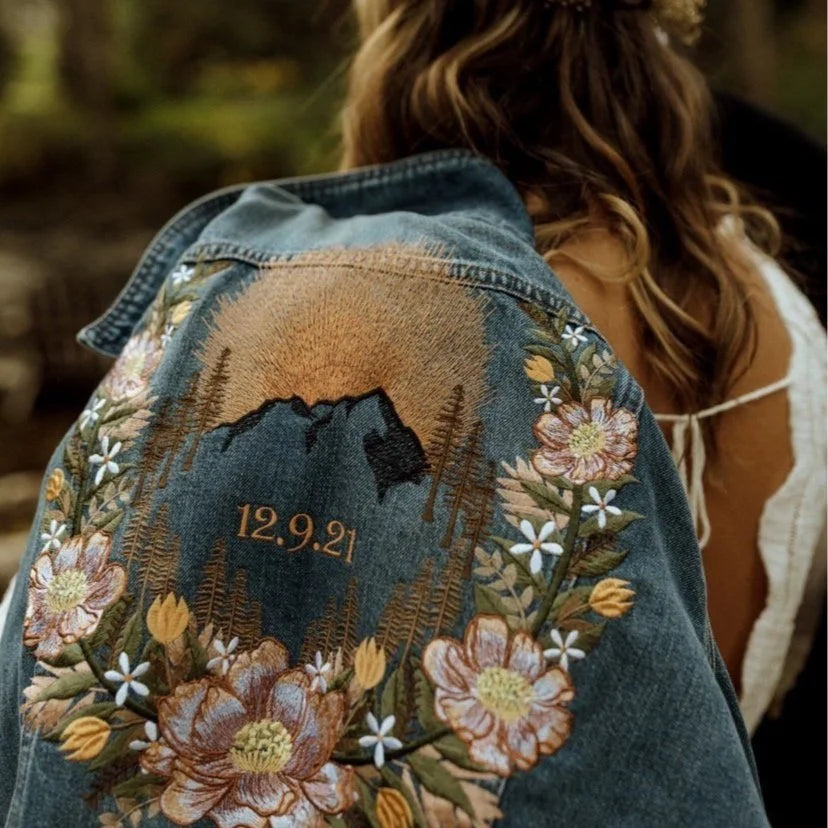 Embroidered Levi’s® Denim Jacket – Original Sunset Floral Mountain Design