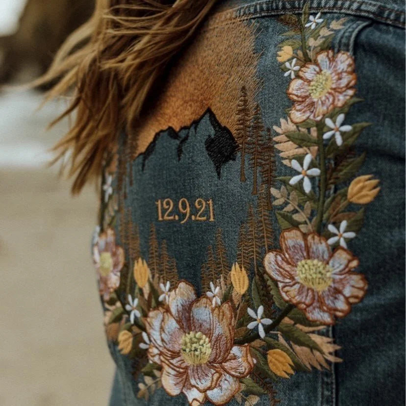 Embroidered Levi’s® Denim Jacket – Original Sunset Floral Mountain Design