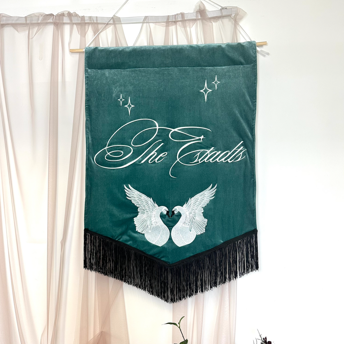Custom embroidered banner.
Personalised banner with text.
Embroidered banner with name.
Custom fabric banner UK.
Personalised decorative banner.
Personalised handmade embroidered velvet wedding and occasion banner with tassel fringing, custom fabric event signage for bridal showers, wedding receptions, engagement parties and luxury celebrations
