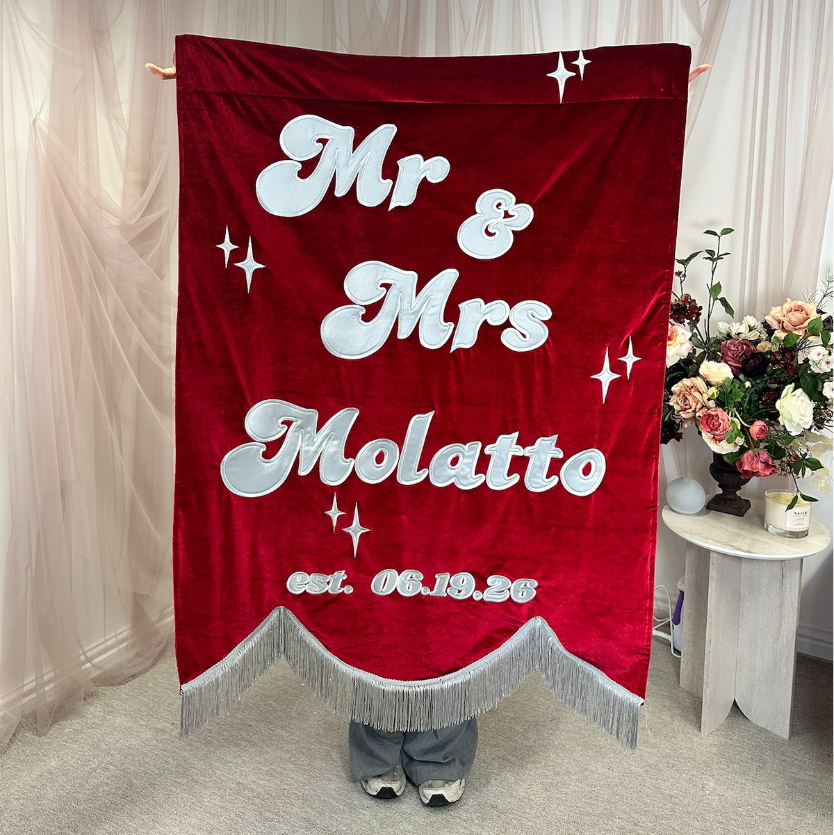 Custom embroidered banner.
Personalised banner with text.
Embroidered banner with name.
Custom fabric banner UK.
Personalised decorative banner.