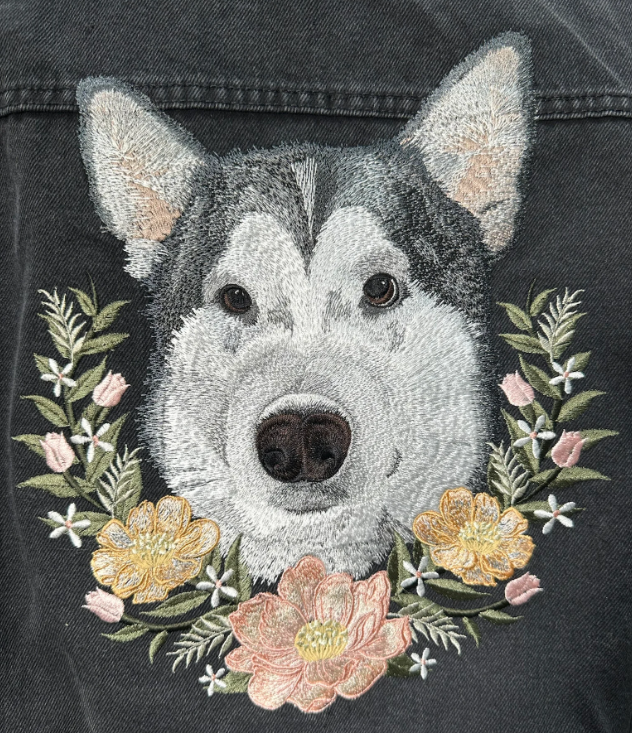 (DEPOSIT) Bespoke Large Embroidered Pet Portrait with Custom Florals