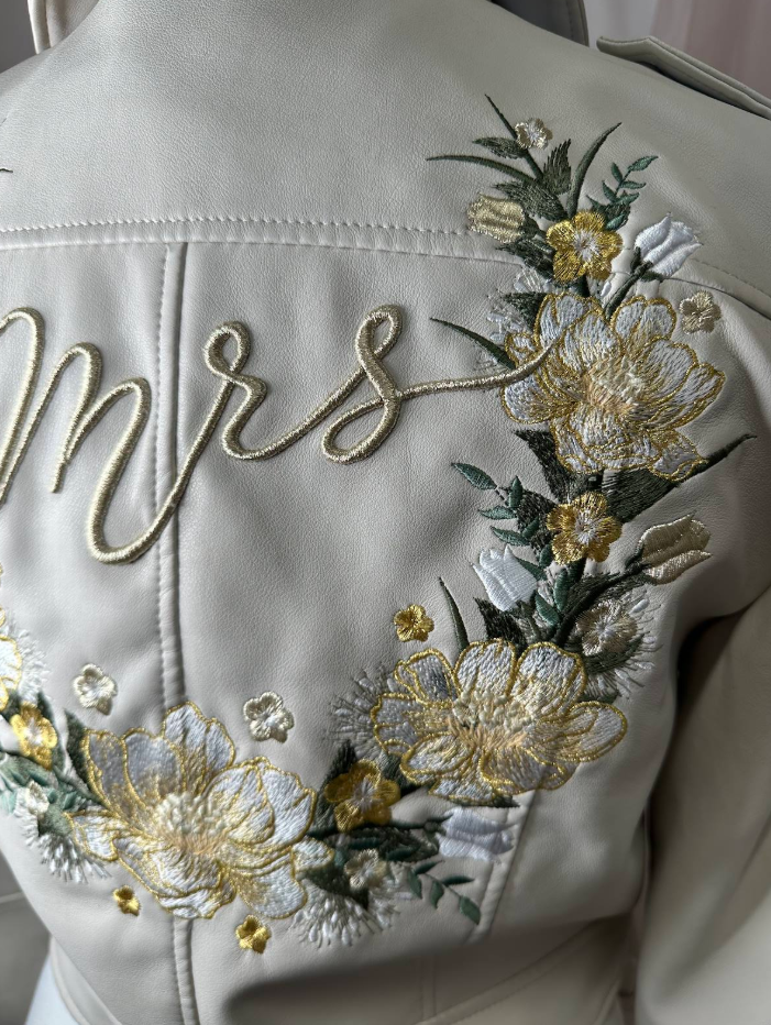 Women's Ivory Cream Cropped Embroidered Faux Leather Jacket with Mrs Yellow Orange Florals Wreath