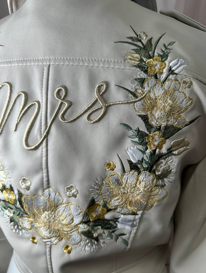 Women's Ivory Cream Cropped Embroidered Faux Leather Jacket with Mrs Yellow Orange Florals Wreath