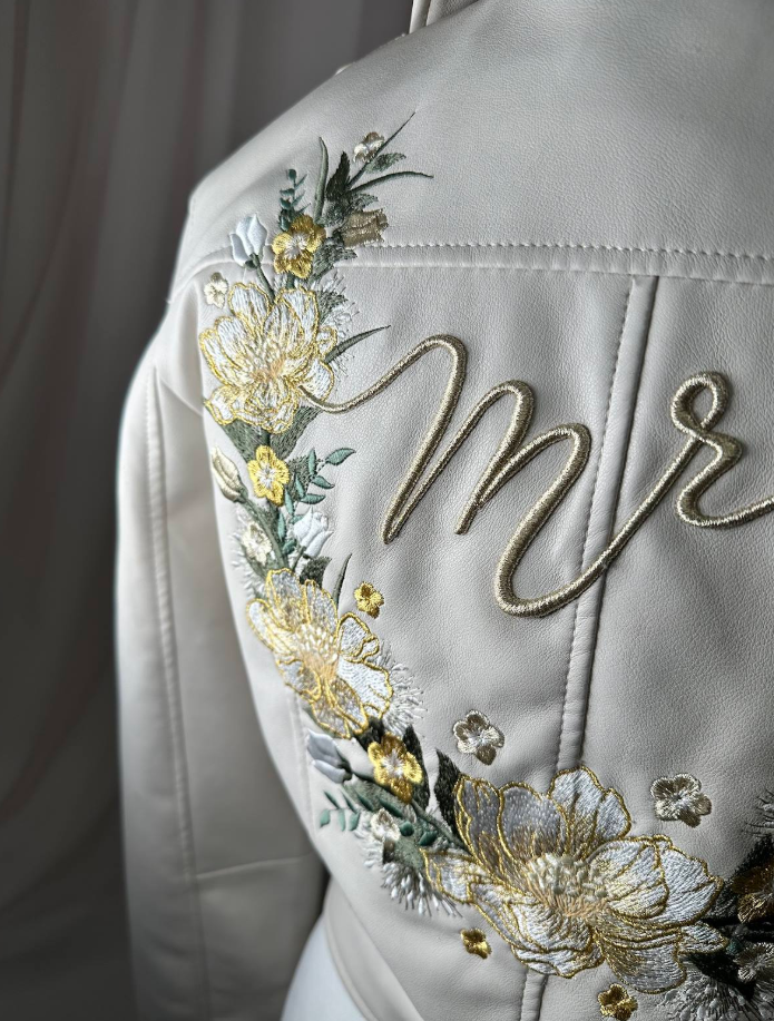 Women's Ivory Cream Cropped Embroidered Faux Leather Jacket with Mrs Yellow Orange Florals Wreath