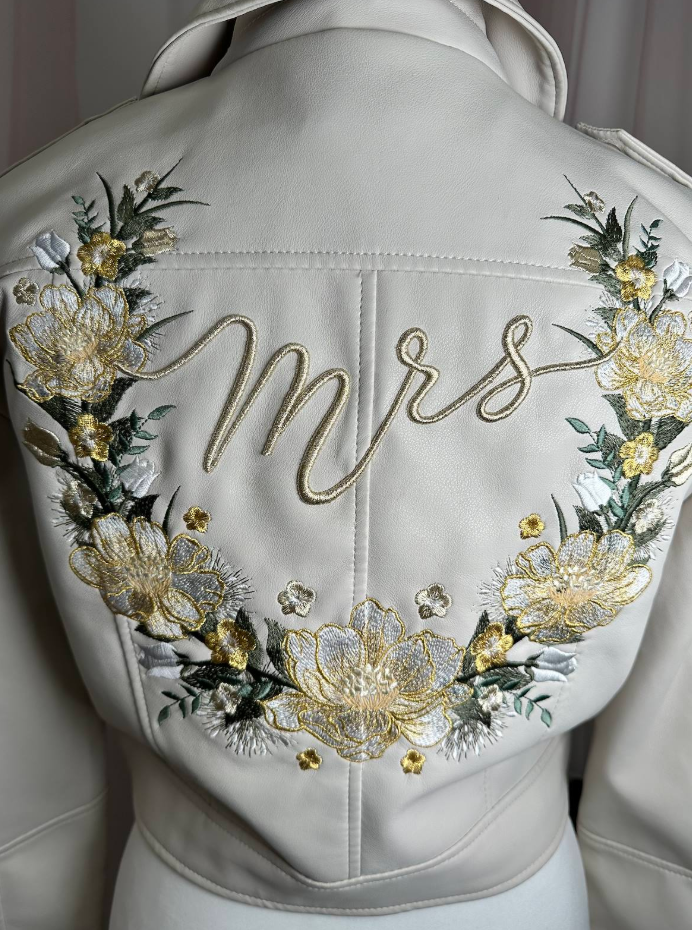 Women's Ivory Cream Cropped Embroidered Faux Leather Jacket with Mrs Yellow Orange Florals Wreath
