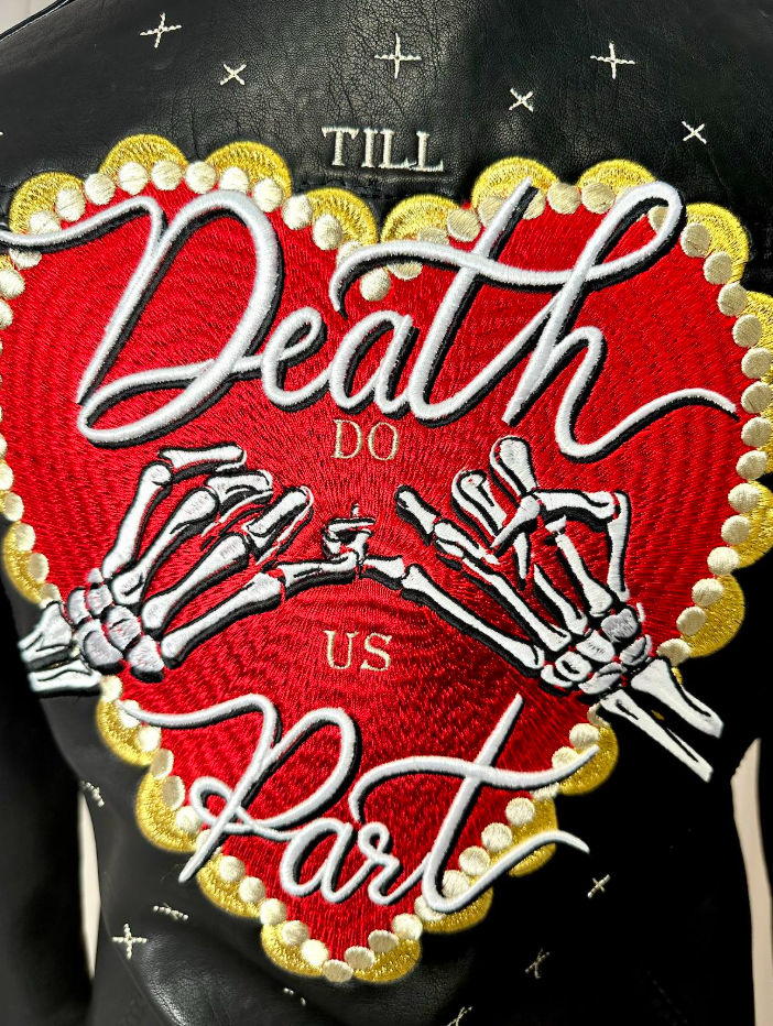 Women's Black Embroidered Faux Leather Skeleton Promise Till Death Do Us Part Celestial Jacket