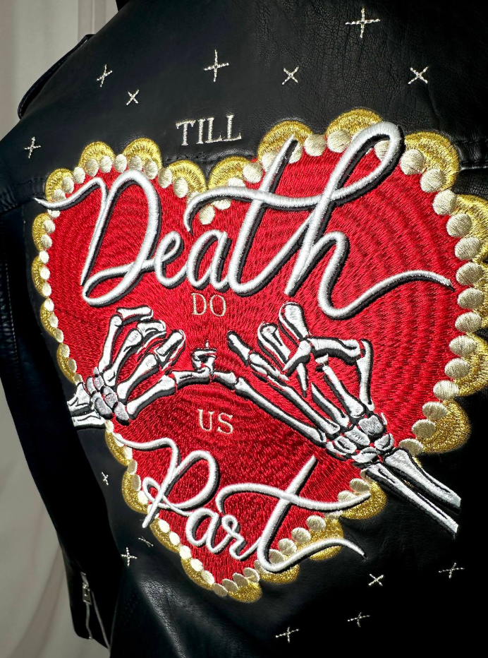 Women's Black Embroidered Faux Leather Skeleton Promise Till Death Do Us Part Celestial Jacket
