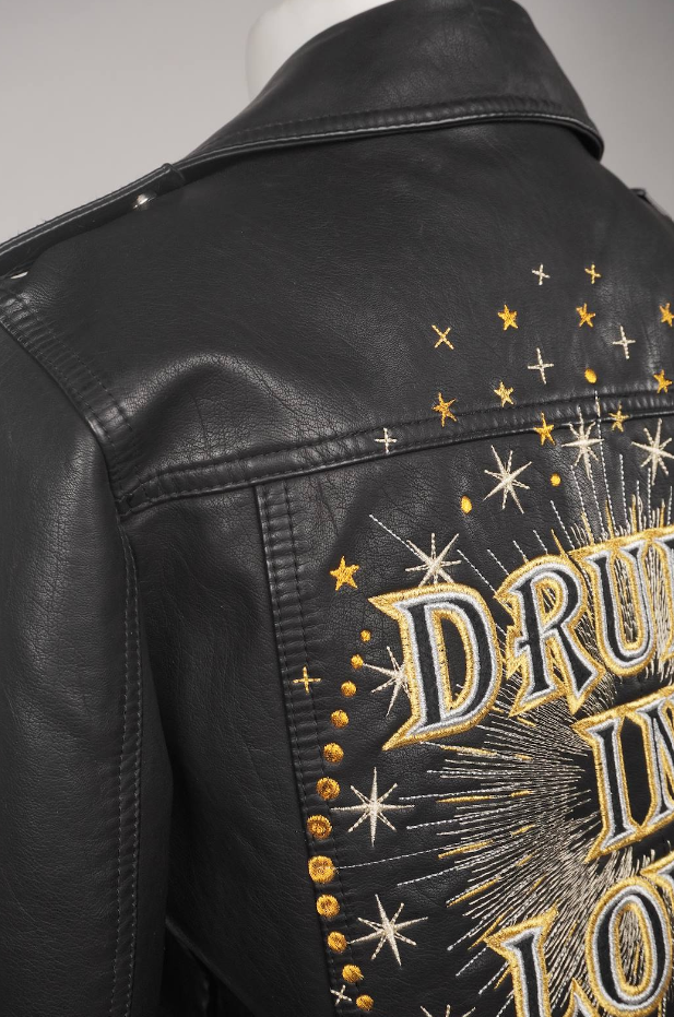 Women's Black Embroidered Faux Leather Celestial 'Drunk In Love' Jacket