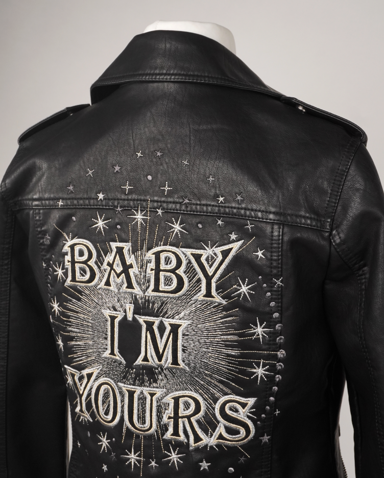 Women's Black Embroidered Faux Leather Celestial Silver 'Baby I'm Yours' Jacket