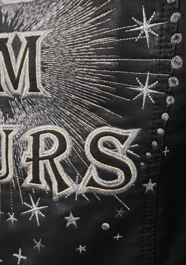 Women's Black Embroidered Faux Leather Celestial Silver 'Baby I'm Yours' Jacket