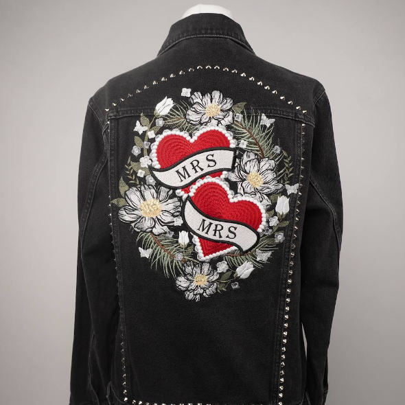 Women's Studded Oversized Black Embroidered Denim Leather Silver 'Mrs & Mrs' Floral Hearts Jacket