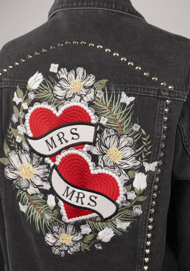 Women's Studded Oversized Black Embroidered Denim Leather Silver 'Mrs & Mrs' Floral Hearts Jacket