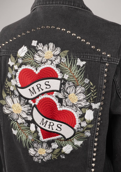 Women's Studded Oversized Black Embroidered Denim Leather Silver 'Mrs & Mrs' Floral Hearts Jacket
