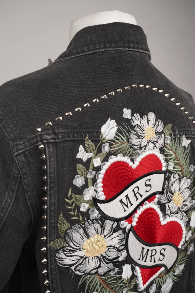 Women's Studded Oversized Black Embroidered Denim Leather Silver 'Mrs & Mrs' Floral Hearts Jacket