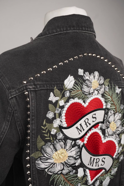 Women's Studded Oversized Black Embroidered Denim Leather Silver 'Mrs & Mrs' Floral Hearts Jacket
