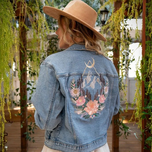 Custom Embroidered Diamond Floral Mountain Denim