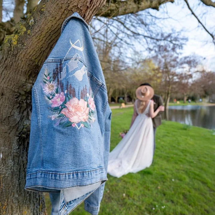 Custom Embroidered Diamond Floral Mountain Denim