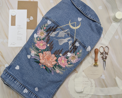Personalised Mountain Floral Bridal Denim Jacket | Custom Mountain Embroidered Levi's® Wedding Jacket
