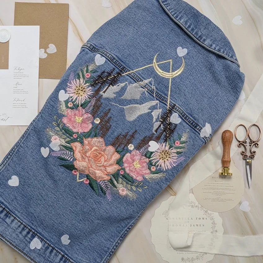Custom Embroidered Diamond Floral Mountain Denim