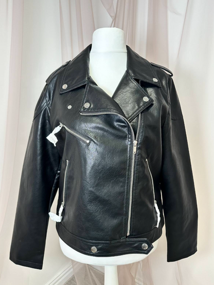 Women's Black Embroidered Faux Leather Jacket with Celestial Floral Embroidery Snake Sun Moon Stars Tarot