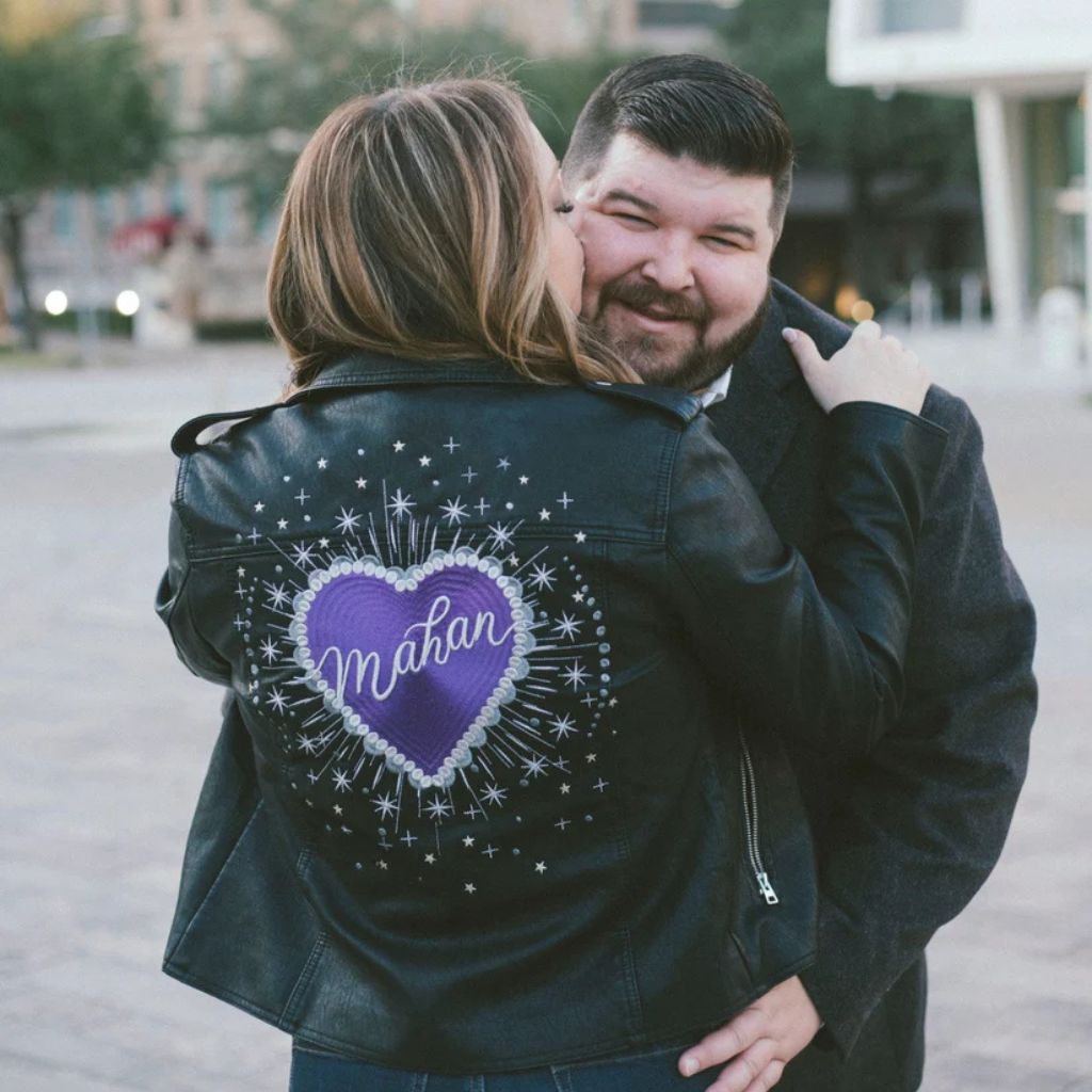 Celestial Love Heart Name Embroidered Faux Leather Jacket