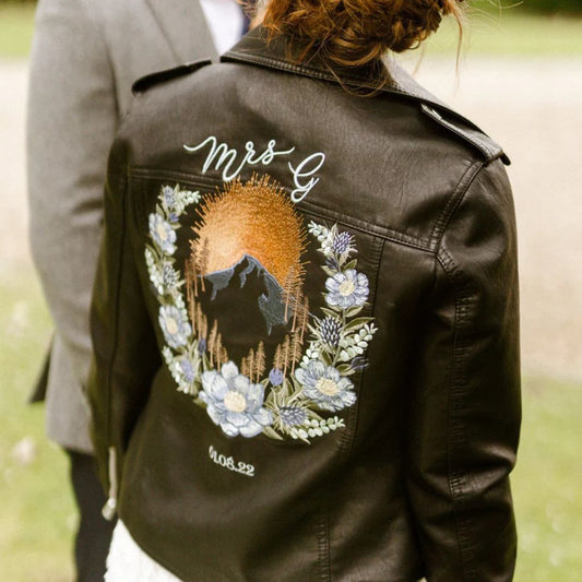 Customisable Mountain Floral Embroidered Faux Leather Jacket