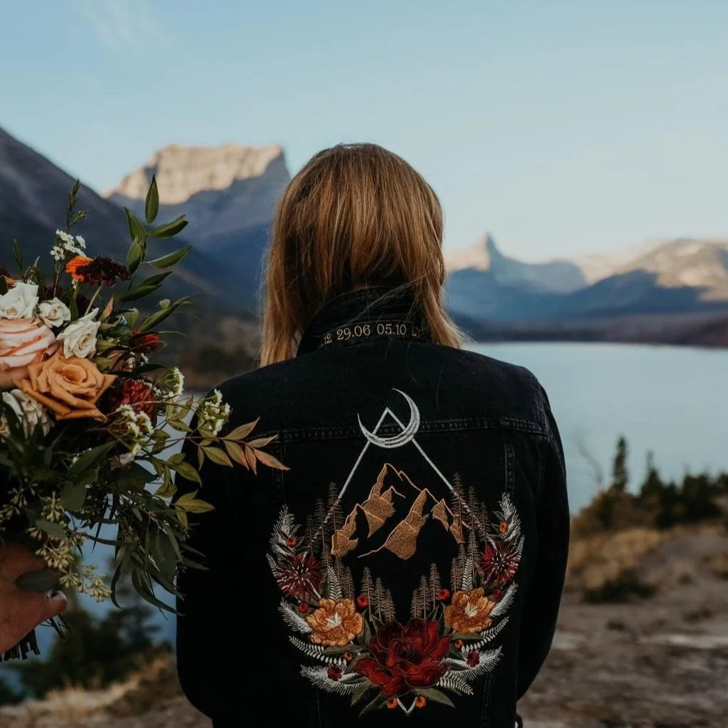 Embroidered Denim Jacket – Personalised Elopement Rose & Mountain Design