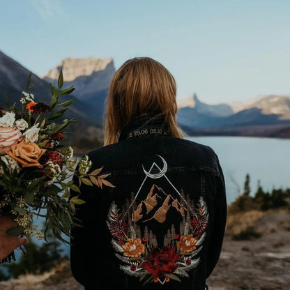 Embroidered Denim Jacket – Personalised Elopement Rose & Mountain Design