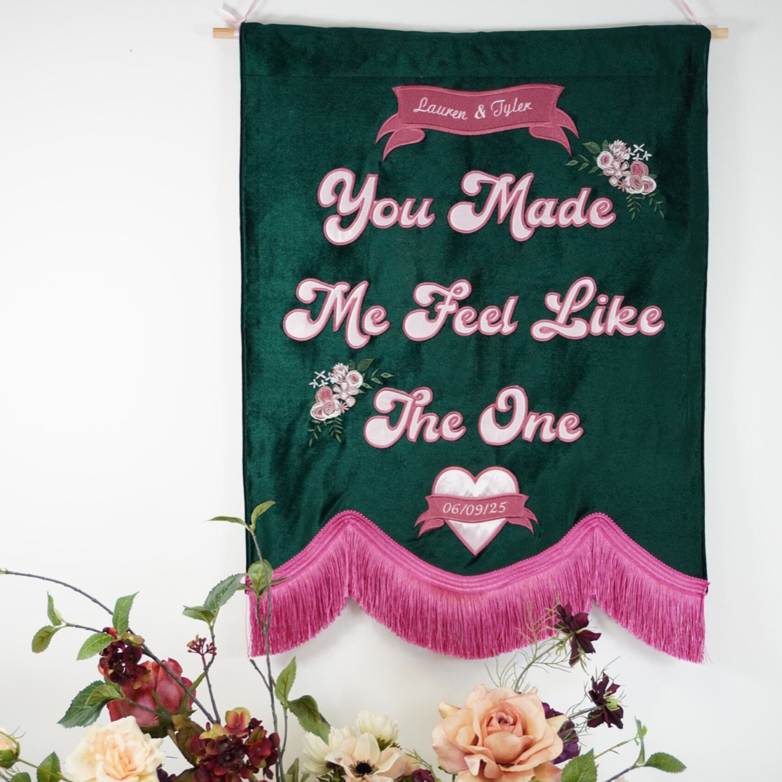 Custom embroidered banner.
Personalised banner with text.
Embroidered banner with name.
Custom fabric banner UK.
Personalised decorative banner.