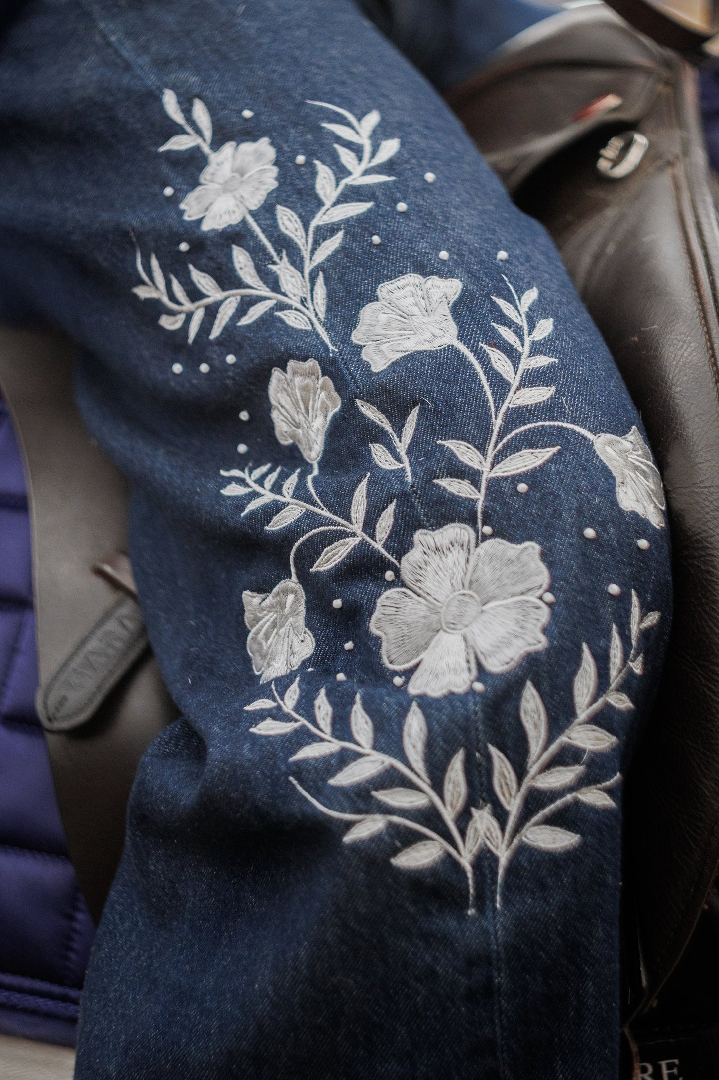 Luxury Levi's Embroidered Dark Blue Wash Jumpsuit with White Beaded Floral Embroidery